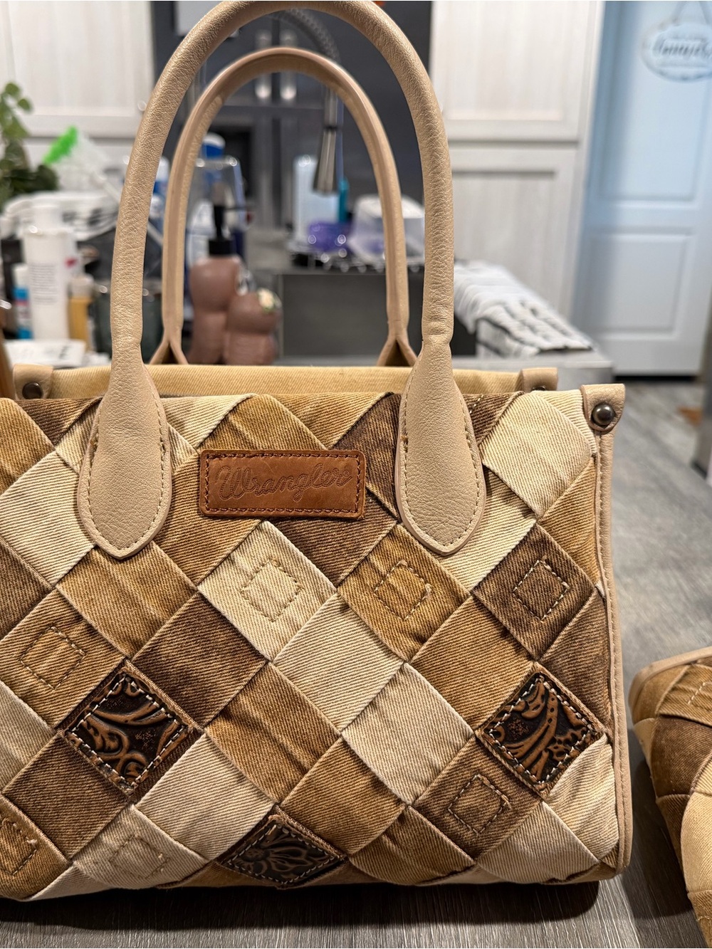 Wrangler Beige and Brown Patchwork Satchel & Wallet